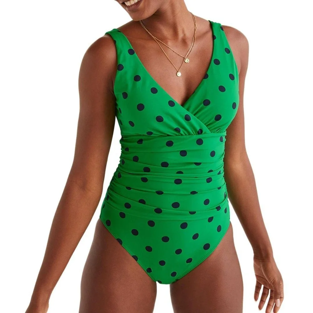Boden Spot Talamanco Polka Dot One Piece Swimsuit 4 Green Ruched V-Neck Retro